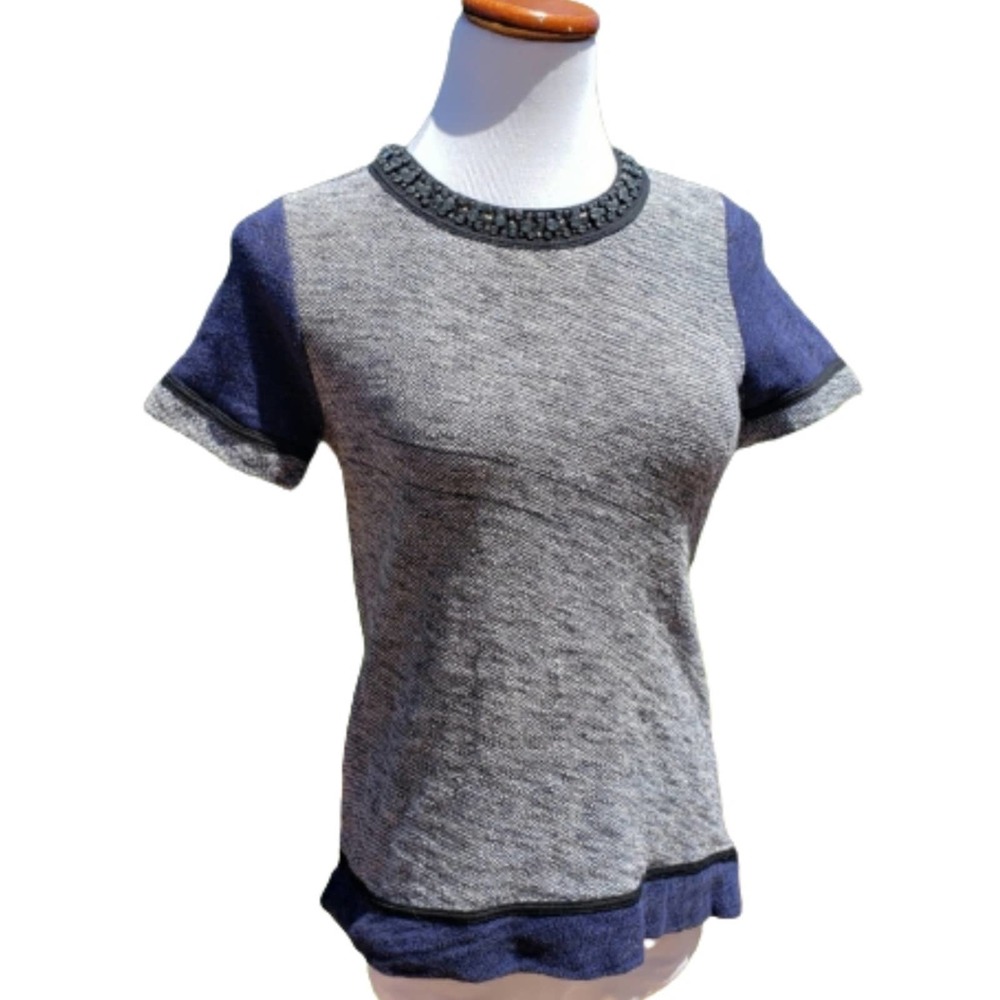 MADEWELL Top Navy Blue Short Sleeved Bling Zip Back Cotton Sz S